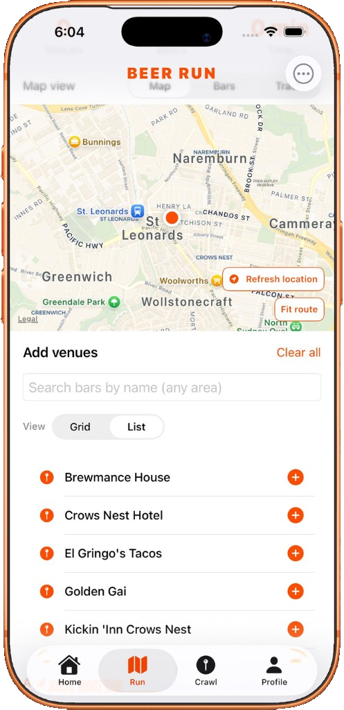 Beer Run Run tab: map and Bars list to add venues in the area