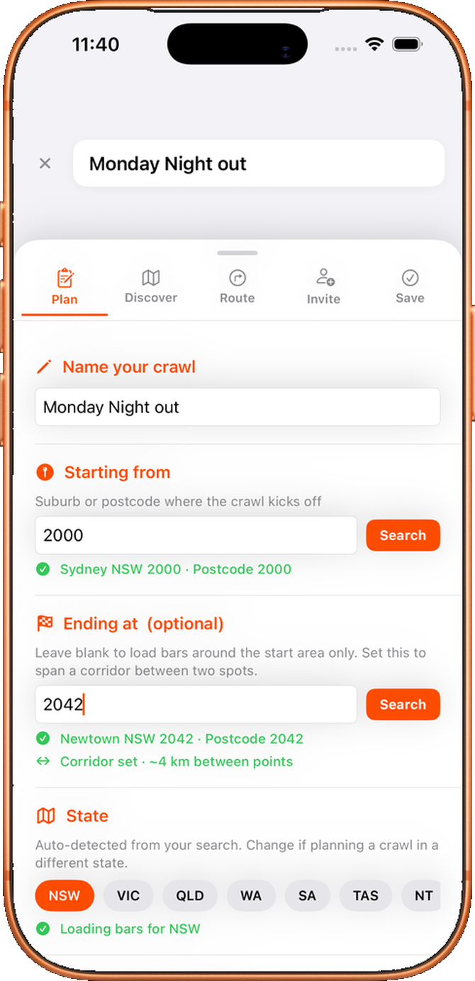 Beer Run Plan step: name your crawl, starting point, optional end, state, date