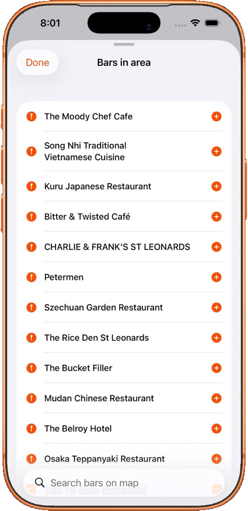 Beer Run bars in area list with quick add