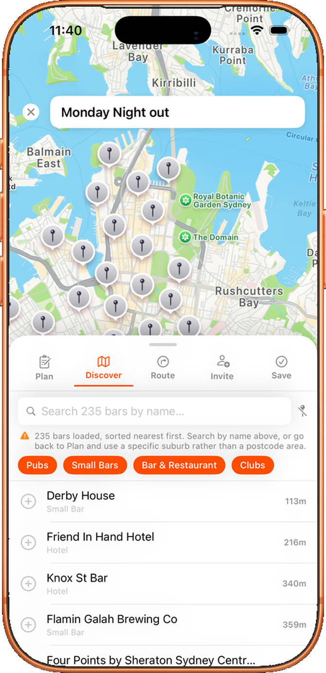 Beer Run crawl Discover tab: map with searchable pub list
