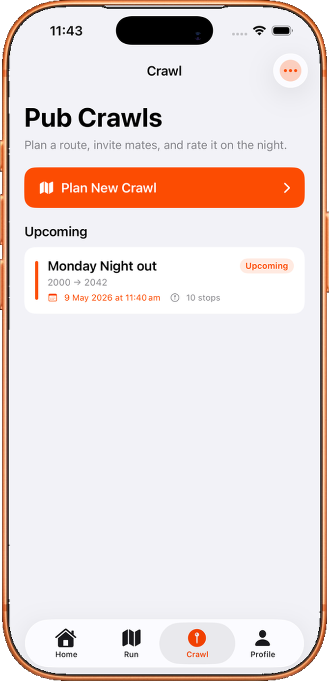 Beer Run Crawl tab: Pub Crawls list, Plan New Crawl, and upcoming crawl card