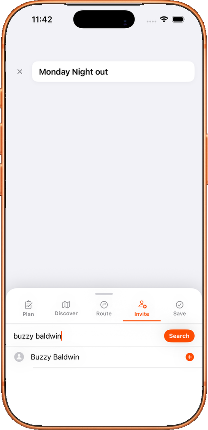 Beer Run crawl planner Invite tab: add mates to the same plan